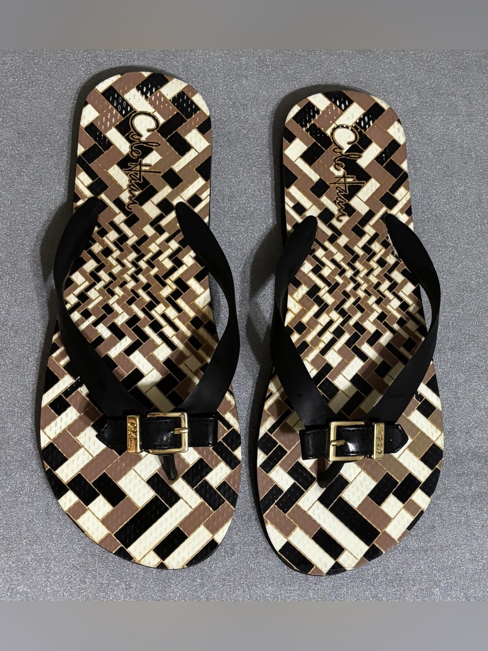 Cole Haan Black, Brown & Cream Woven-Pattern Flip Flop Sandals